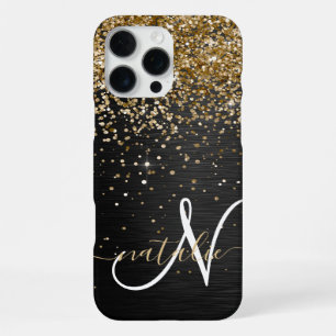 Coque iPhone 16 Pro Max Monogramme à étincelle noire à Parties scintillant