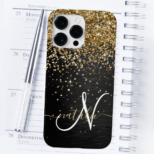 Coque Pour Pour iPhone 14 Pro Max Monogramme à étincelle noire à Parties scintillant