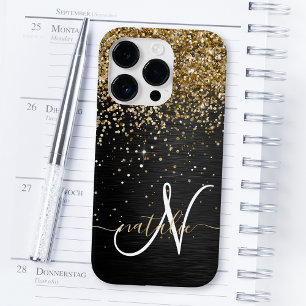 Coque Pour iPhone 14 Plus Monogramme à étincelle noire à Parties scintillant