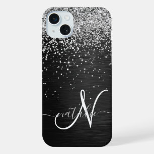 Coque iPhone 15 Plus Monogramme à étincelle noire à Parties scintillant
