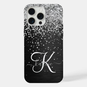 Coque iPhone 15 Pro Max Monogramme à étincelle noire à Parties scintillant