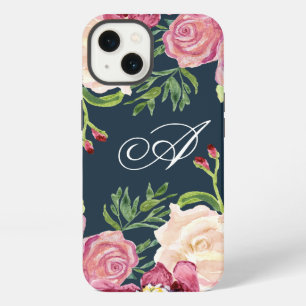 Etui iPhone 13 Monogramme A Florale Bordeaux Feuille de Rose Feui