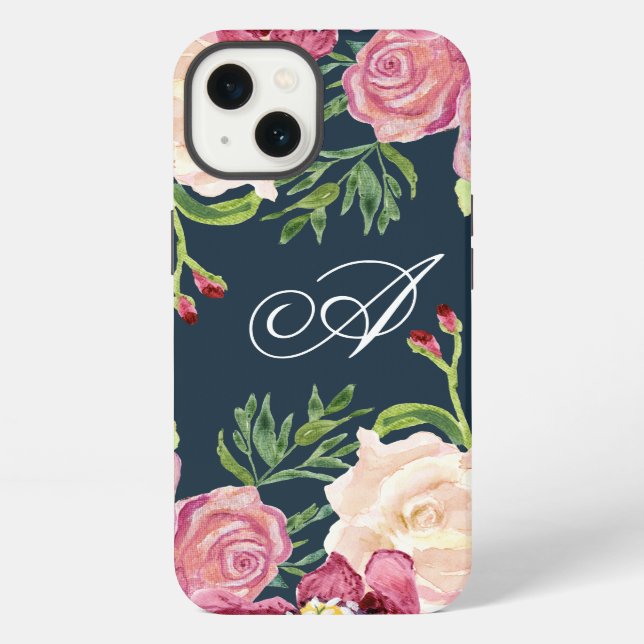 Coque iPhone Monogramme A Florale Bordeaux Feuille de Rose Feui (Verso)