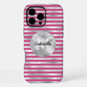 Coque iPhone 16 Pro Max Monogramme à rayures d'argent rose