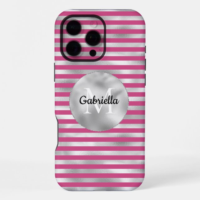 Coque iPhone Monogramme à rayures d'argent rose (Verso)