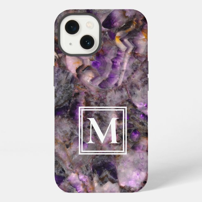 Coque iPhone monogramme Abstrait en marbre de quartz améthyste  (Verso)