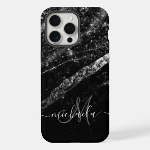 Coque iPhone 15 Pro Max Monogramme abstrait noir brillant argenté