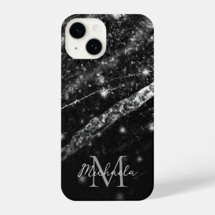 Coque Pour iPhone 14 Monogramme abstrait noir brillant argenté