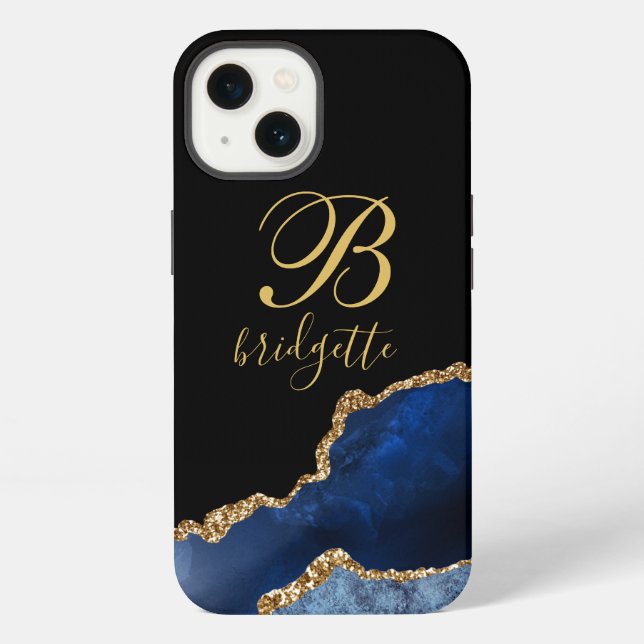 Coque iPhone Monogramme Agate Paillet Or Bleu Marine (Verso)