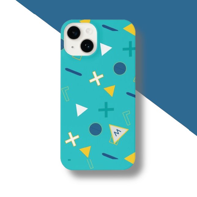 Coque iPhone Monogramme Aqua Blue Memphis (Créateur téléchargé)