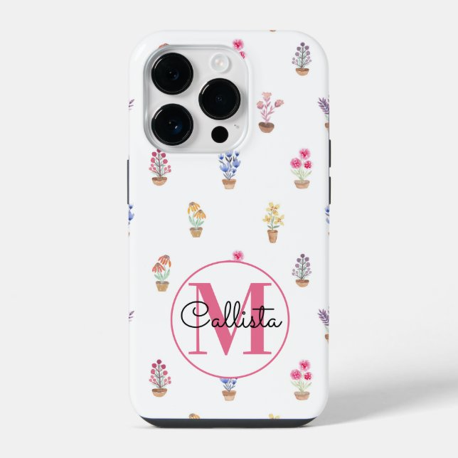 Coque iPhone Monogramme aquarelle de fleurs en pot de campagne  (Verso)