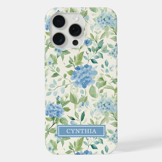 Coque iPhone Monogramme Aquarelle Hydrangea Bleue (Verso)