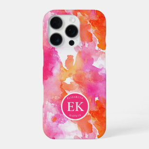 Coque iPhone 16 Pro Monogramme Aquarelle Rose Orange Abstrait