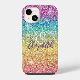 Coque Pour iPhone 14 Monogramme arc-en-ciel ombré faux paillettes capri
