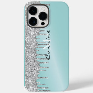Coque Pour Pour iPhone 14 Pro Max Monogramme Argent Aqua Parties scintillant Bleu An