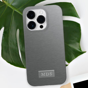 Coque iPhone 15 Pro Max Monogramme Argent Faux Revêtement Métal Brossé