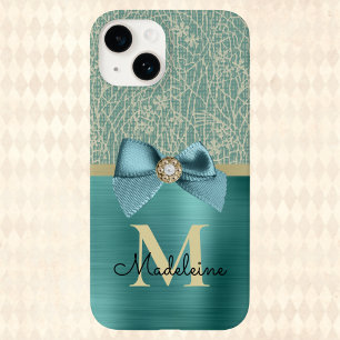 Coque Pour iPhone 14 Monogramme Aspect Tissu Sarcelle Brossé Glamour Ré