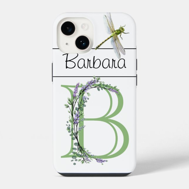 Coque iPhone Monogramme B, eucalyptus lavande, libellule  (Verso)