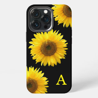 Etui iPhone 13 Pro Monogramme & beaux tournesols sur fond noir