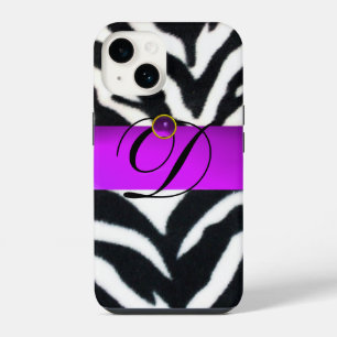 COQUE POUR iPhone 14 MONOGRAMME BLACK ZEBRA FUR VIOLET PURPLE GEM,