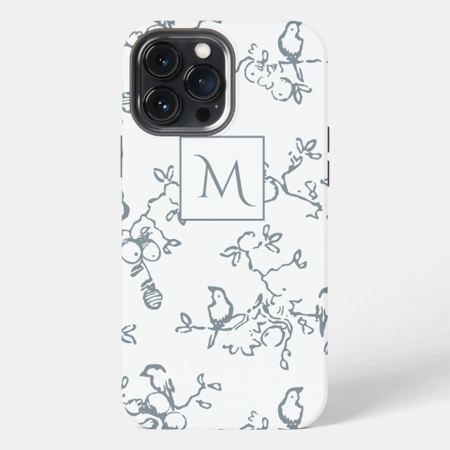 Coque iPhone Monogramme Blanc Bleu Motif Oiseau Simple (Verso)