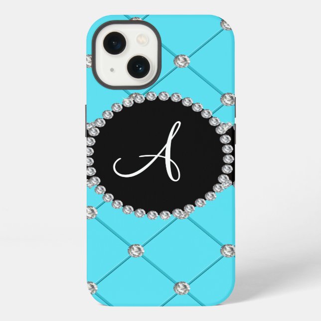 Coque iPhone Monogramme bleu clair diamants touffeté (Verso)