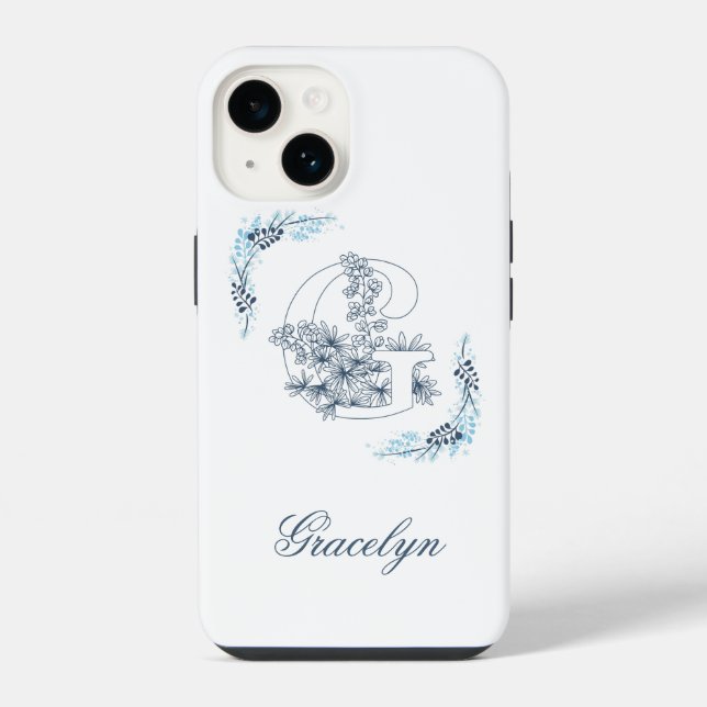 Coque iPhone Monogramme bleu "G" initial calmé floral (Verso)