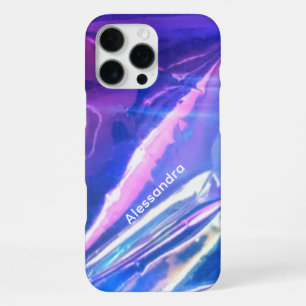 Coque iPhone 16 Pro Max Monogramme bleu opalescent rayure violet iridescen
