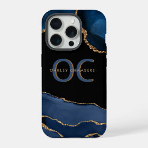Coque iPhone 15 Pro Monogramme bleu or moderne Marine Porte or noir