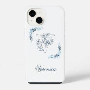 Coque Pour iPhone 14 Monogramme bleu "V" floral Calme Initial