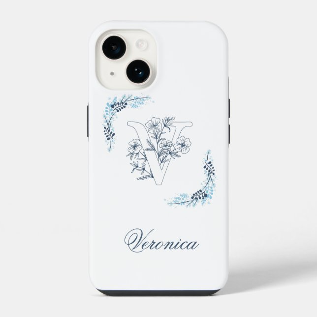 Coque iPhone Monogramme bleu "V" floral Calme Initial (Verso)