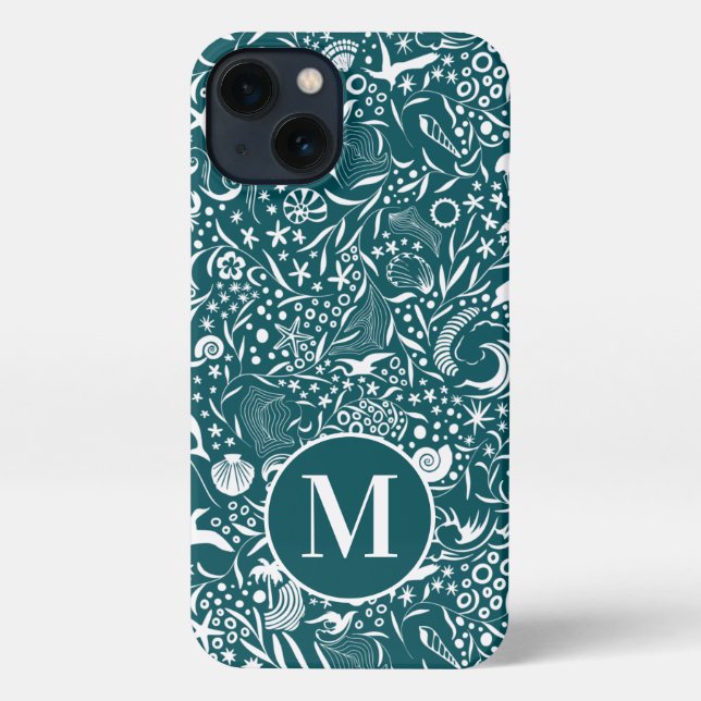 Coque iPhone Monogramme bleu vert initial Motif océanique (Verso)