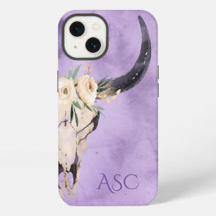 Etui iPhone 13 Monogramme Boho Crâne Floral de Vache sur Fond Vio