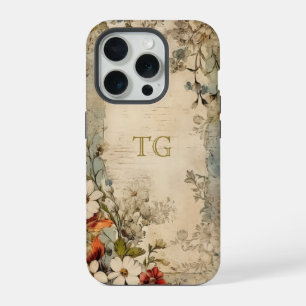 Coque iPhone 15 Pro Monogramme Botanique Artisanal Grunge Vintage