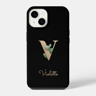 Coque Pour iPhone 14 Monogramme Botanique Élégant Lettre V Or