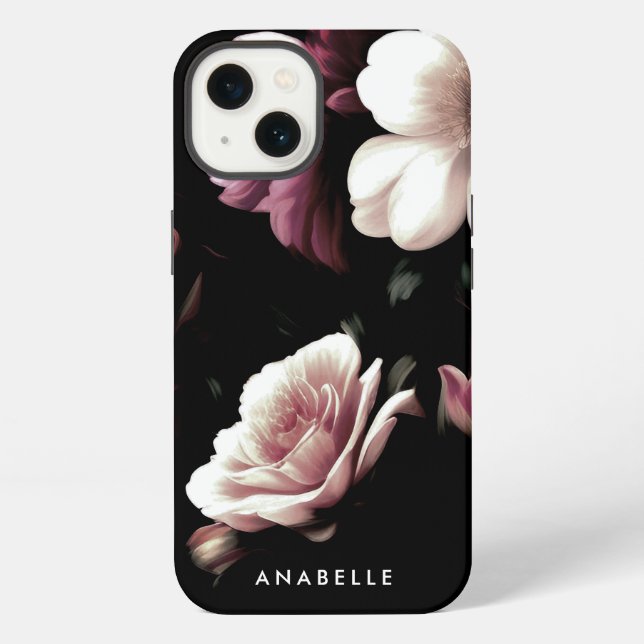 Coque iPhone Monogramme botanique floral noir élégant (Verso)