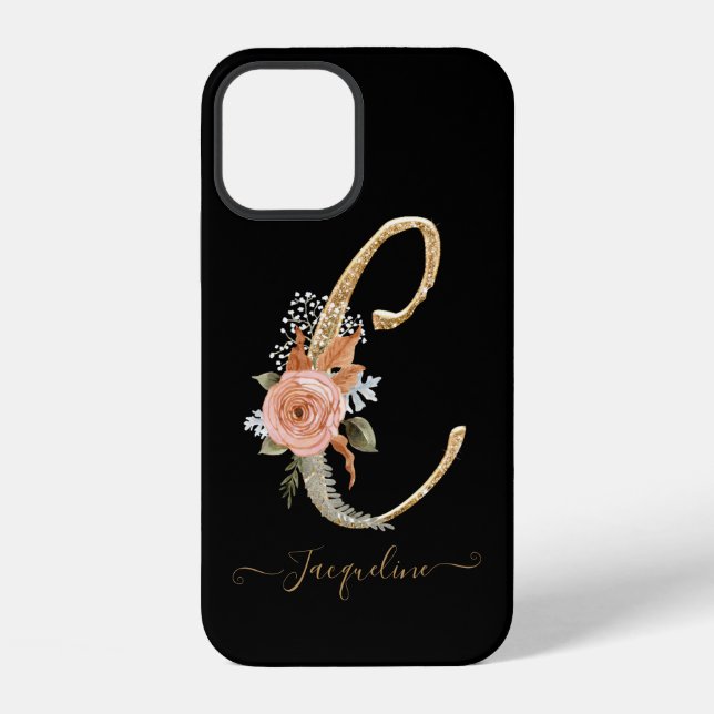 Coque iPhone Monogramme C Script Gold BOHO Black Pink Floral Le (Verso)