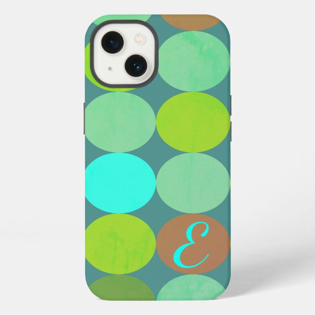 Coque iPhone Monogramme Cercles Vert Citron Turquoise & Rouille (Verso)