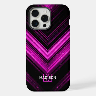 Coque iPhone 15 Pro Max Monogramme chevron métallisé néon rose vif scintil