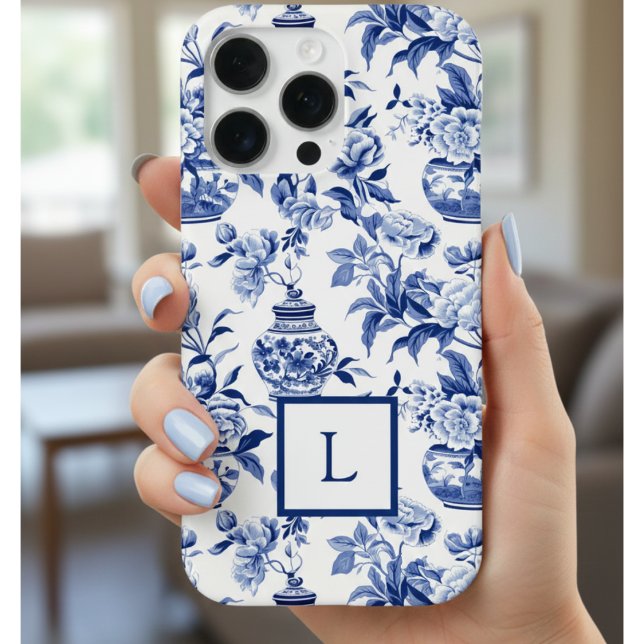 Coque iPhone Monogramme chinoiserie bleue  (Créateur téléchargé)