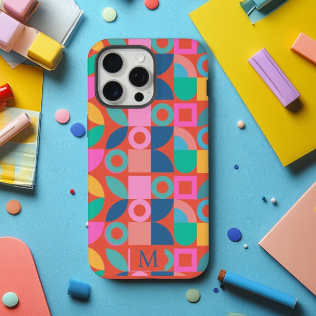 Coque iPhone Monogramme coloré Nom géométrique personnalisé (Créateur téléchargé)