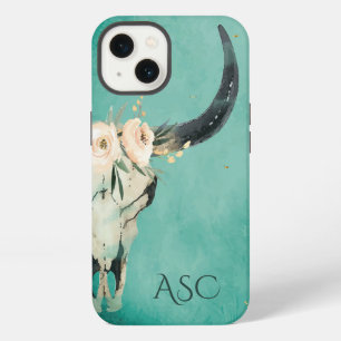 Etui iPhone 13 Monogramme Crâne Floral Boho sur Fond Turquoise