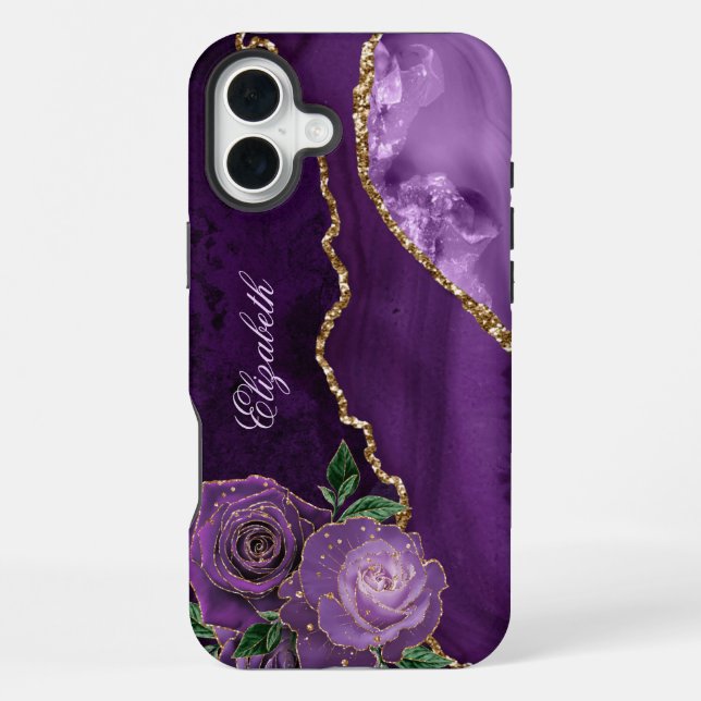 Coque iPhone Monogramme d'agate florale or violet (Verso)