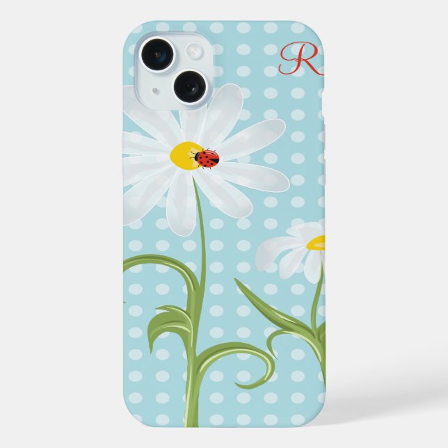Coque iPhone Monogramme Daisées et Lady Bug Polka Dot Blue (Verso)