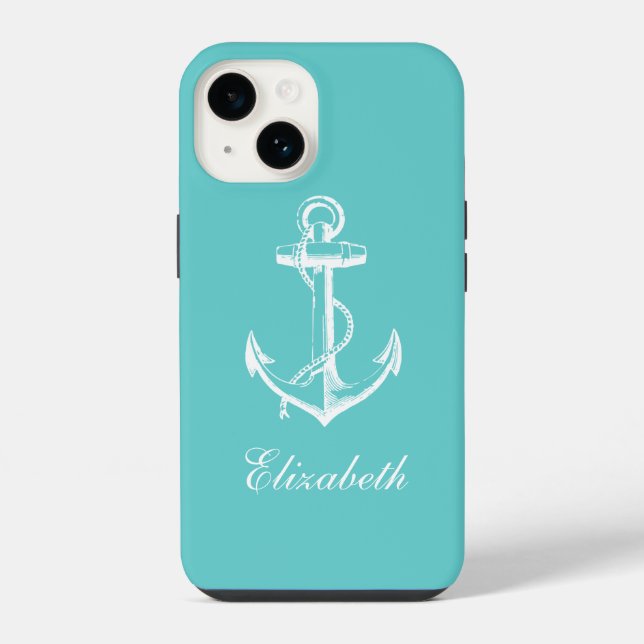 Coque iPhone Monogramme d'Ancre Vintage Turquoise (Verso)