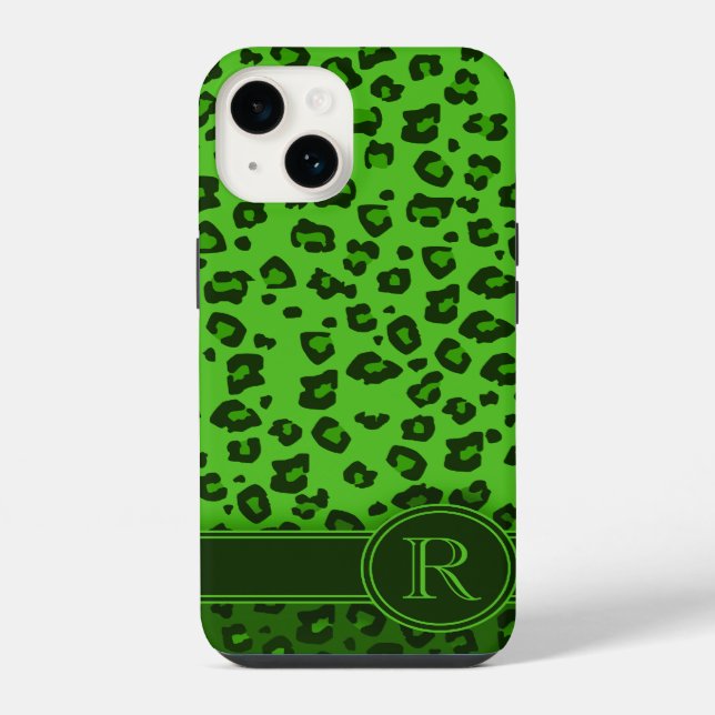 Coque iPhone Monogramme d'animal léopard vert (Verso)