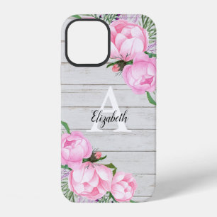 Coque iPhone 12 Monogramme d'aquarelle rose de pivoine de bois rus