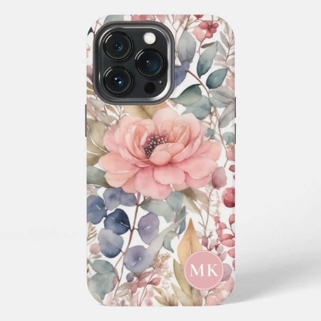 Coque iPhone Monogramme d'aquarelle rose rose-rose rustique (Dos)