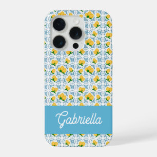 Coque iPhone 15 Pro Monogramme de carreau bleu citron pays français