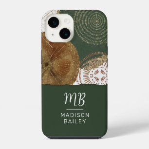 Coque Pour iPhone 14 Monogramme de cercles dorés bronze vert abstrait